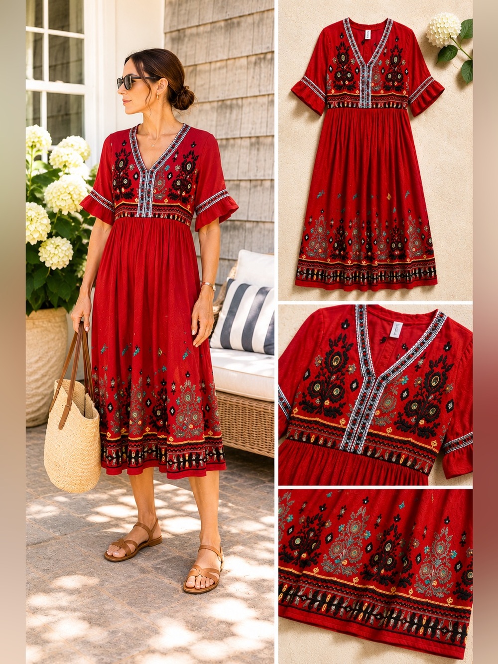 Boho Embroidered Red Midi Dress Small 40” Festival Cottagecore